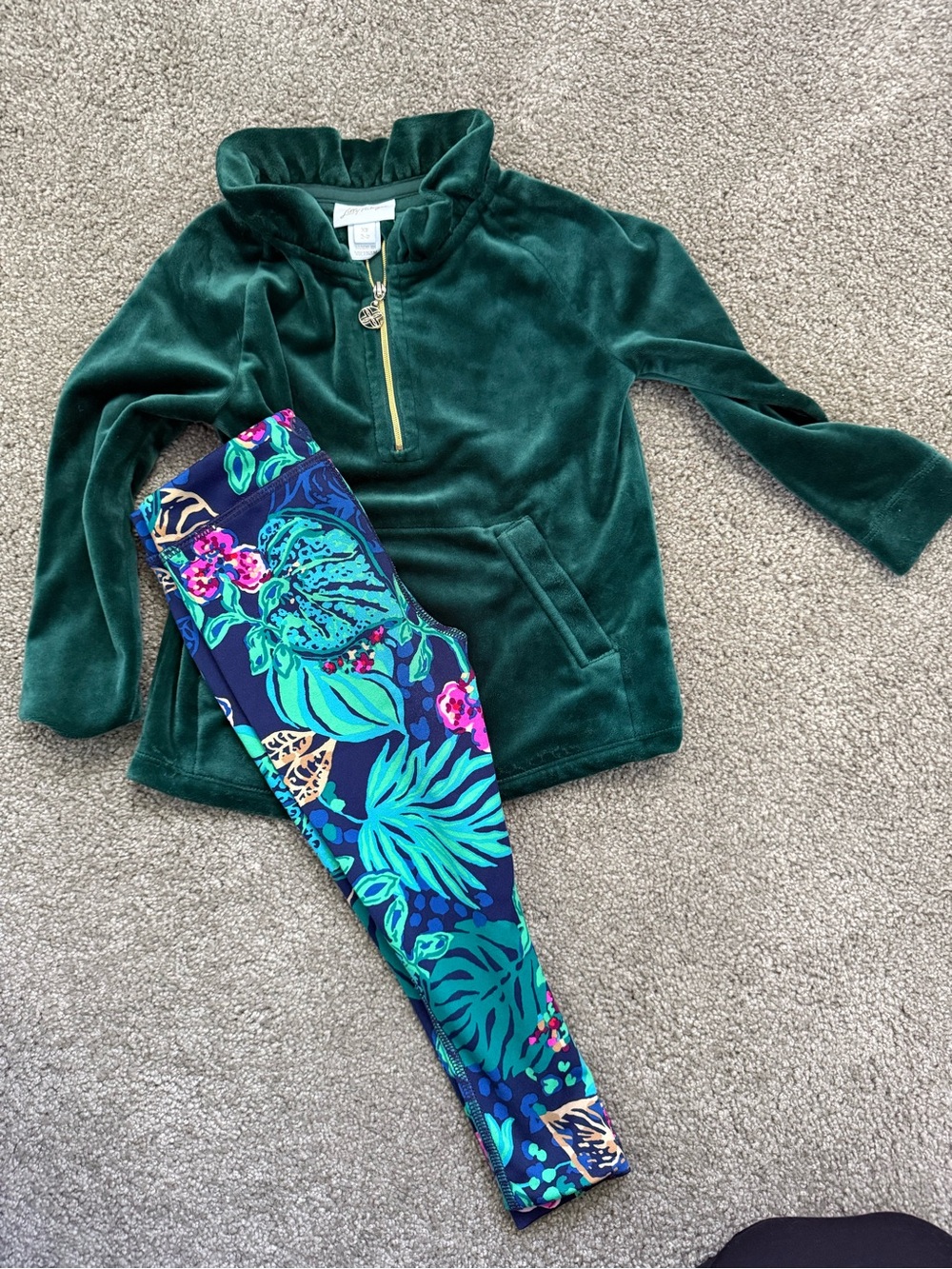 Green Velour Kids Pullover with Navy Tropical Print Leggings